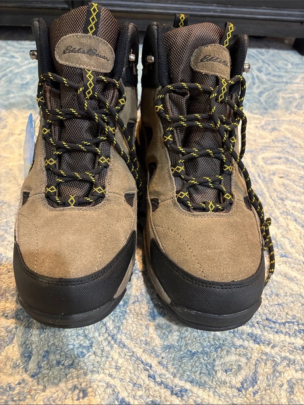 Eddie Bauer Brown and Black Suede Lace-Up Hiking Boots with Yellow-Striped Laces